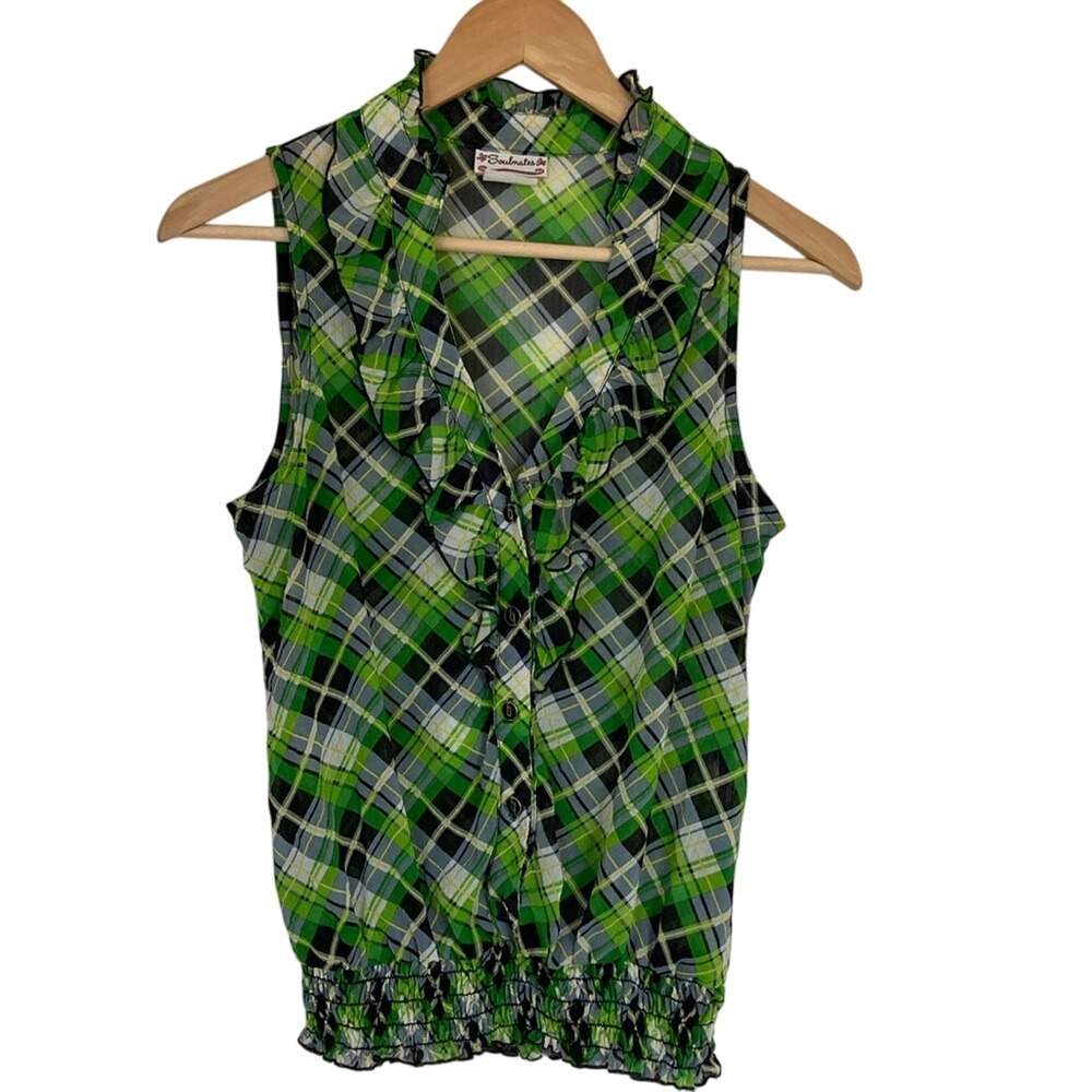 Soulmates Womens Green Plaid Sleeveless Top Blouse Size Medium Preppy Sheer